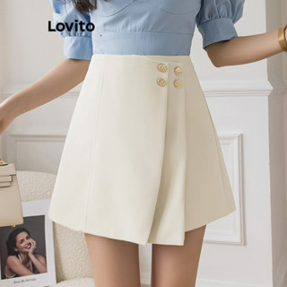 Lovito Casual Shorts Feminino Liso Assimétrico com Botão LNE29233 (Damasco)