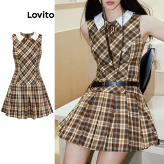 Lovito Casual Vestido Feminino Estampa Gingham Colorblock com Laço Frontal L70AD089 (Marrom)