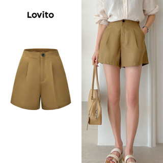 Lovito Casual Conjunto Feminino Liso de Shorts com Bolso e Botão L70AD057 (Marrom)