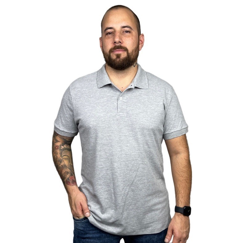 Camisa Polo Masculina Piquet Cinza Mescla Lisa para Estampagem DTF, Silk e Serigrafia.