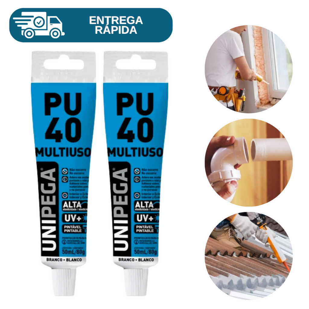 Kit 2 Cola Adesivo PU40 Selante Poliuretano 80g Multiuso Vedação Para Construção Reparos Silicone PU Profissional