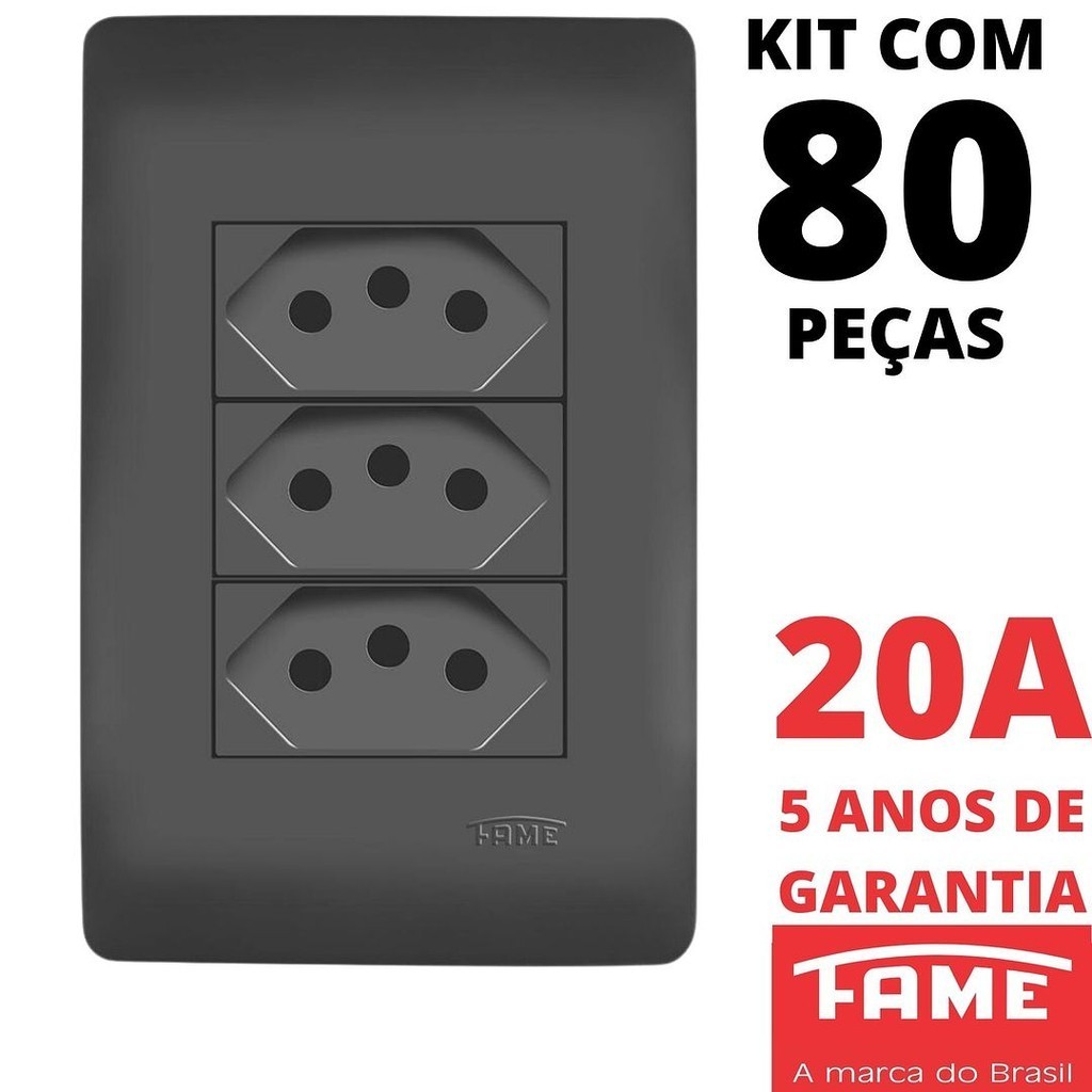80un Tomada Padrão Tripla 2P+T 20A Com Placa Habitat Black Preto FAME