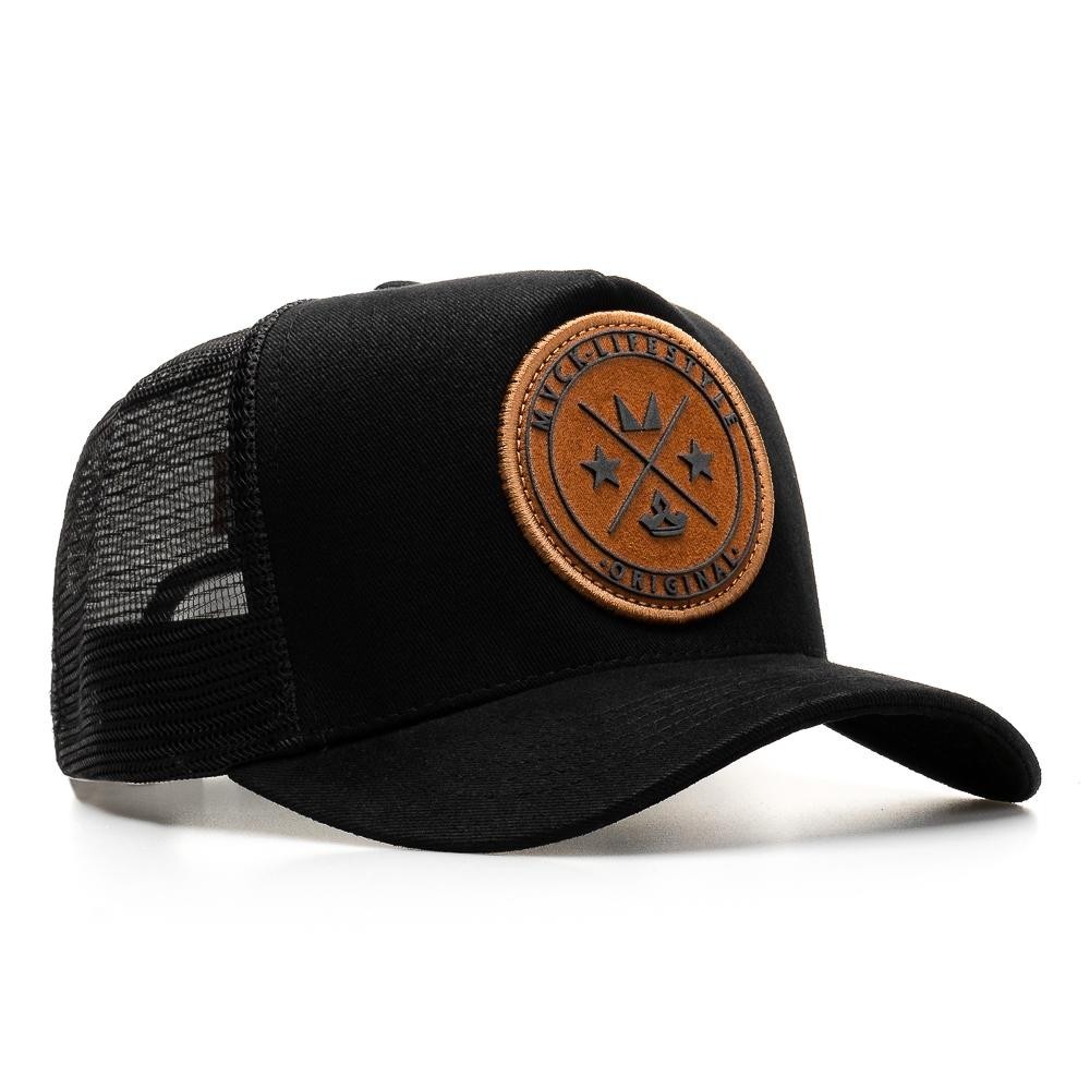 Boné Trucker MVCK Brasão Preto Patch Caramelo Alta Qualidade