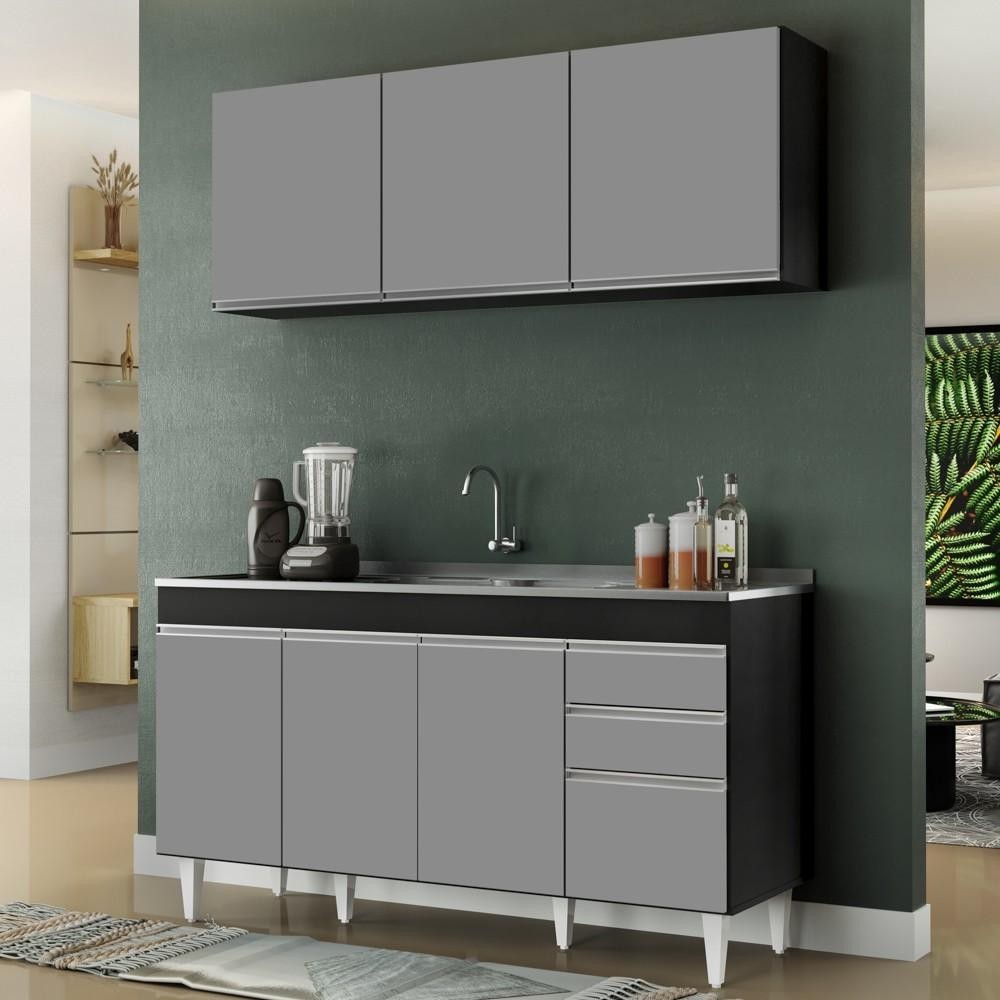 Armário Líbia e Balcão com Pia Inox 150cm Tunísia L03 Preto/Cinza - Mpozenato - Home & Living