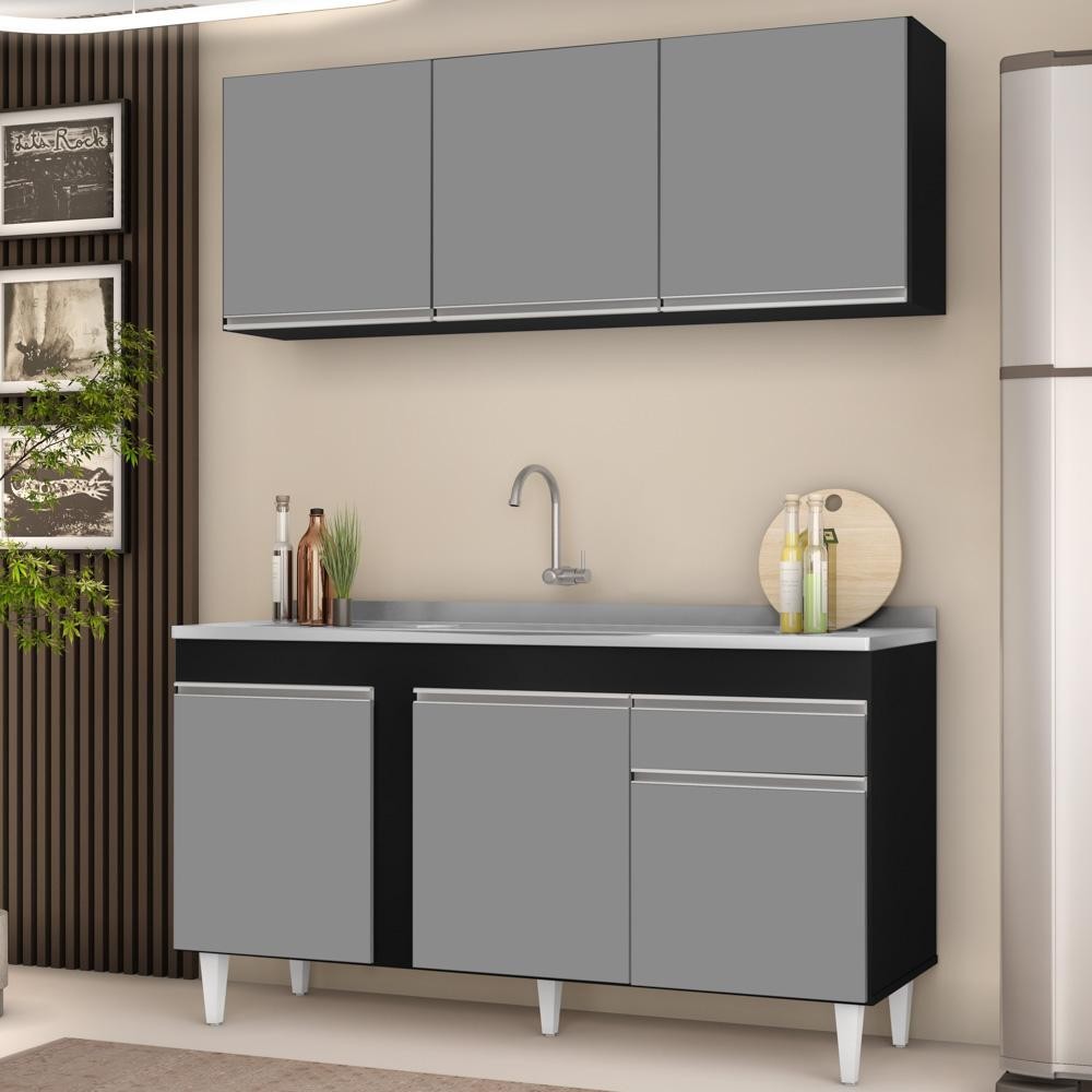 Armário Aéreo Argélia e Balcão Gabinete com Pia Inox 150cm Dakota Preto/Cinza - Lumil - Home & Living