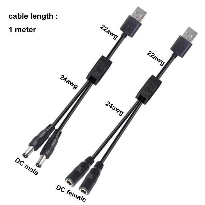 1m USB 2.0 Macho Para 2 Vias DC Fêmea Divisor Cabo 22awg 3A plug 5.5x2.5mm De Alimentação Adaptador Conector Tira BRH1