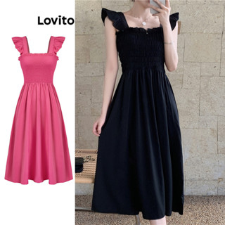 Lovito Casual Vestido Feminino Liso Bata Franzido L74ED333