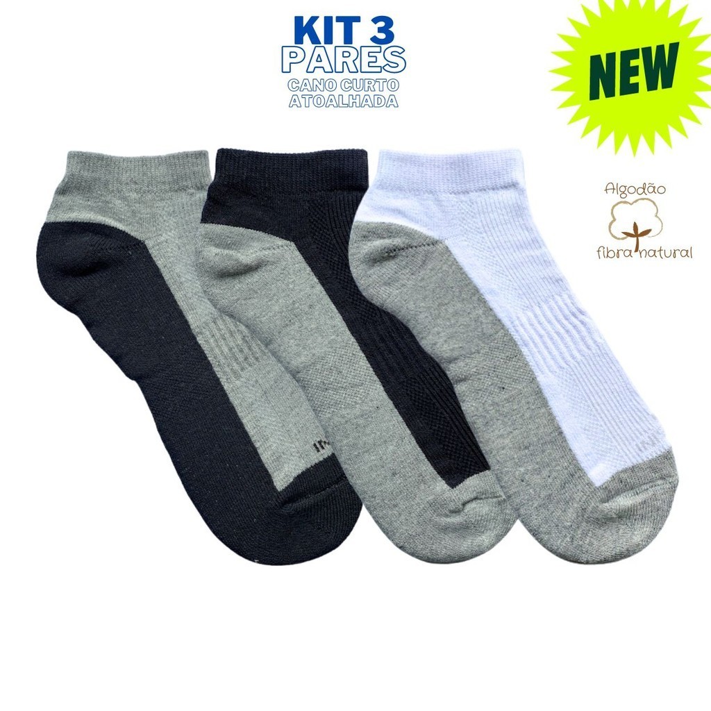 Kit 3 pares Meia Cano Curto Atoalhada Esportiva 34/43 em Oferta na Shopee