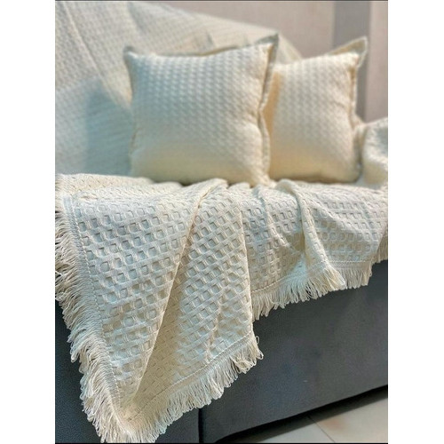 Manta Decorativa Cobre Leito 150x220 para Sofa Cama Poltrona Algodao Trabalhada Off White Branca Minimalista Boho Ideia Presente Enxoval Casal Casa Nova Mae Esposa Mulher