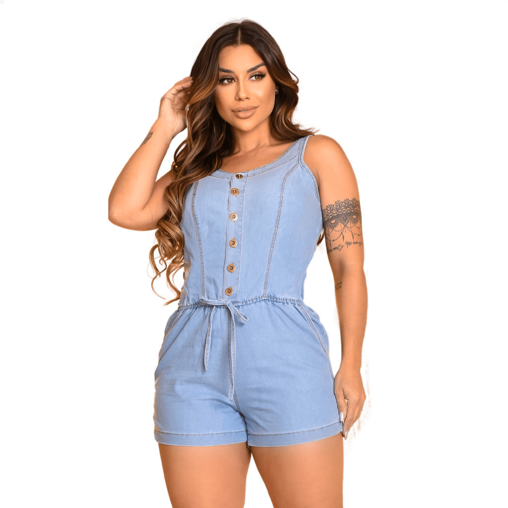 Macaquinho Feminino Jeans Short Regata Comportado Sem Lycra Casual