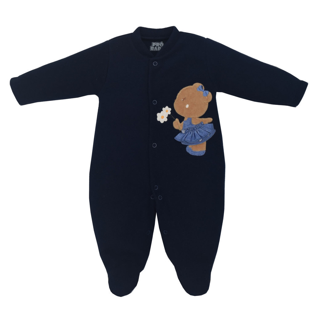 Macacão Bebê Longo Microsoft Azul Marinho Ursinha Flor Pró-Baby
