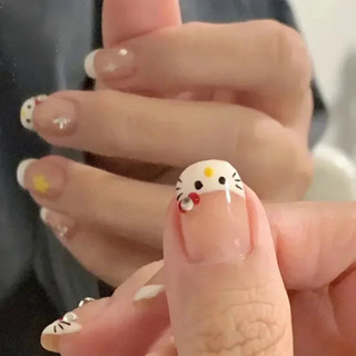 Unhas Kitty Fresco Bonito Coreano Falso Unhas Dicas Menina Vestindo Kawaii Curto Cartoon Acrílico Imprensa no Prego em Oferta na Shopee