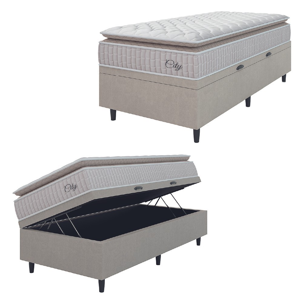Cama Box Baú Colchão Solteiro Molas Ensacadas City Pillow Top 88x188x64cm Branco / Bege Hellen - Home & Living