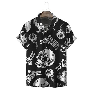 Camisa masculina casual havaiana, camisa de manga curta com estampa de caveira, camisa casual com botão comum, estilo pr