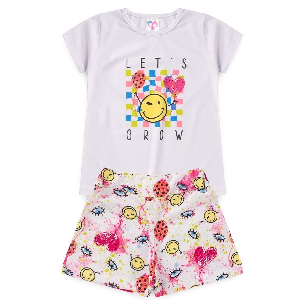 Conjunto Infantil Feminino Blusa Meia Malha Estampa Emoji + Shorts Estampado Conjunto Verão Menina