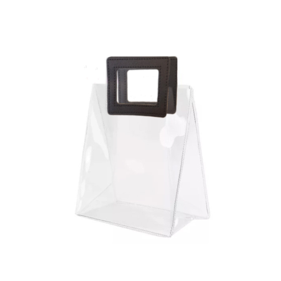 Sacola Transparente PVC com Alça Quadrada de Couro Preta - 15x15x10 - 1 unidade - Rizzo - Home & Living