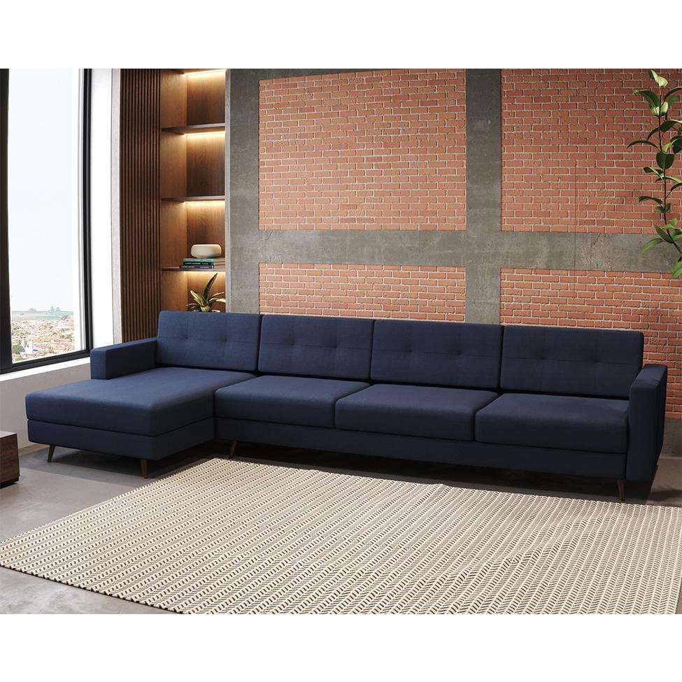 Sofá 4 Lugares Living com Chaise Esquerdo Pé Palito Linho Cotton Azul Marinho em Oferta na Shopee