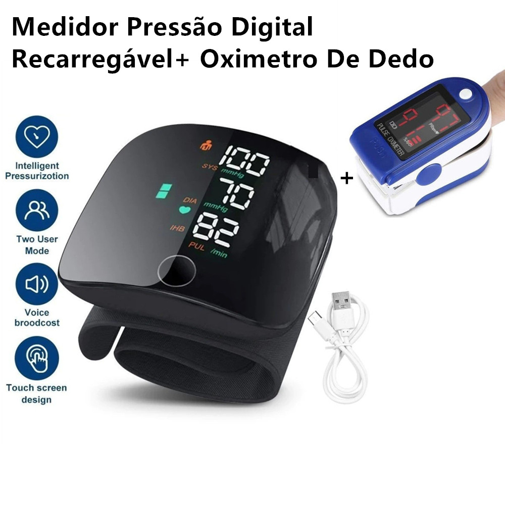 KIT Medidor Pressão Digital Recarregável De Pulso Com Voz Monitor Inteligente + Oximetro De Dedo em Oferta na Shopee