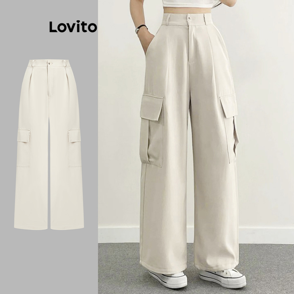 Lovito Calças casuais de bolso simples para mulheres L121MD318 - Women Clothes