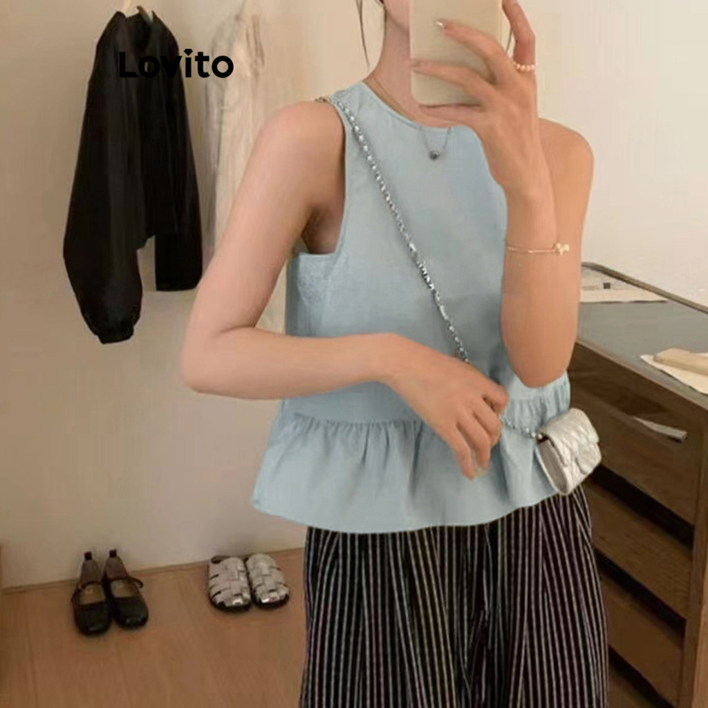 (Trendy) Lovito Regata Casual Lisa Plissada Regata Feminina L99ED451 em Oferta na Shopee