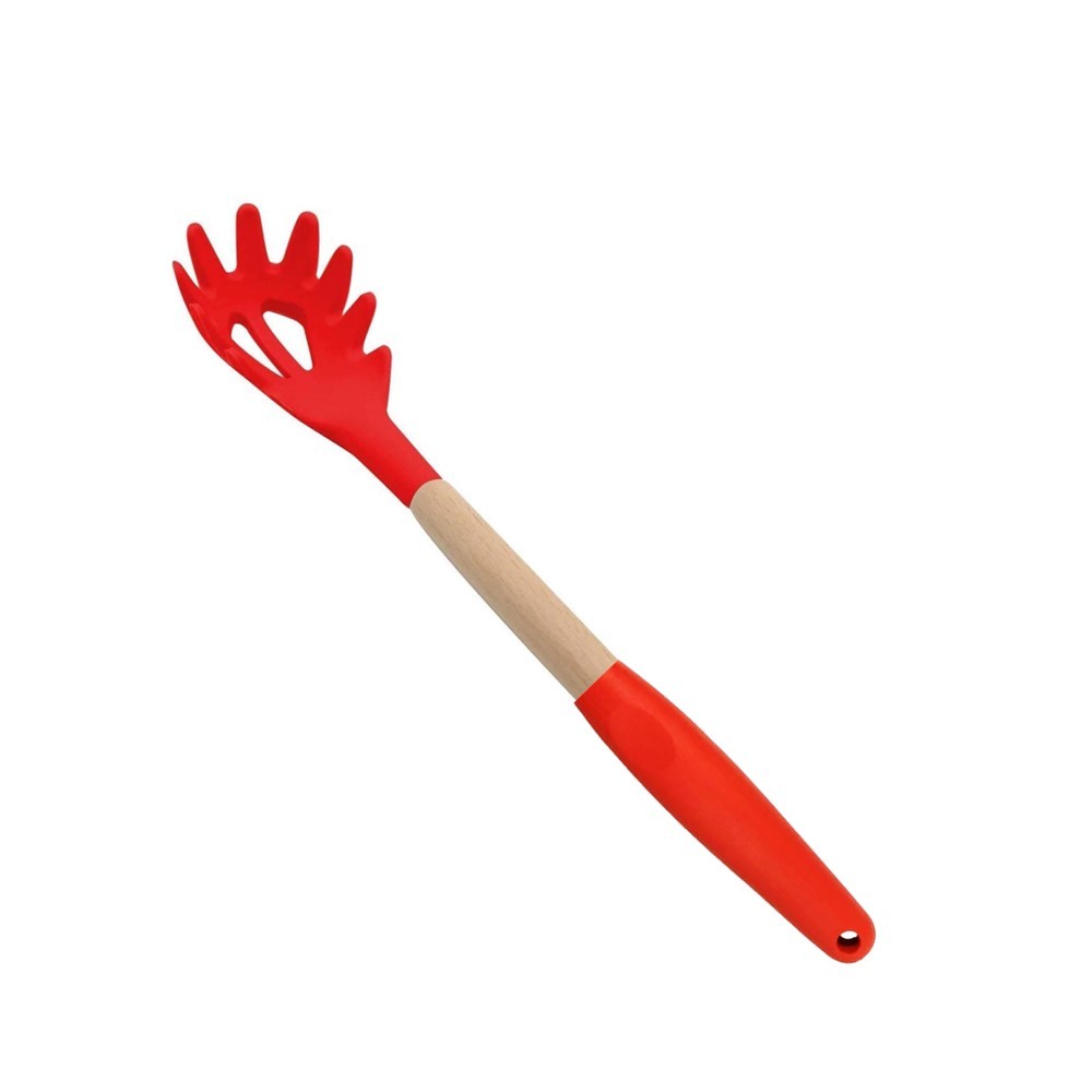 Pegador de Macarrão Massas Silicone e Madeira Grande 31cm Vermelho Em casa Tem
