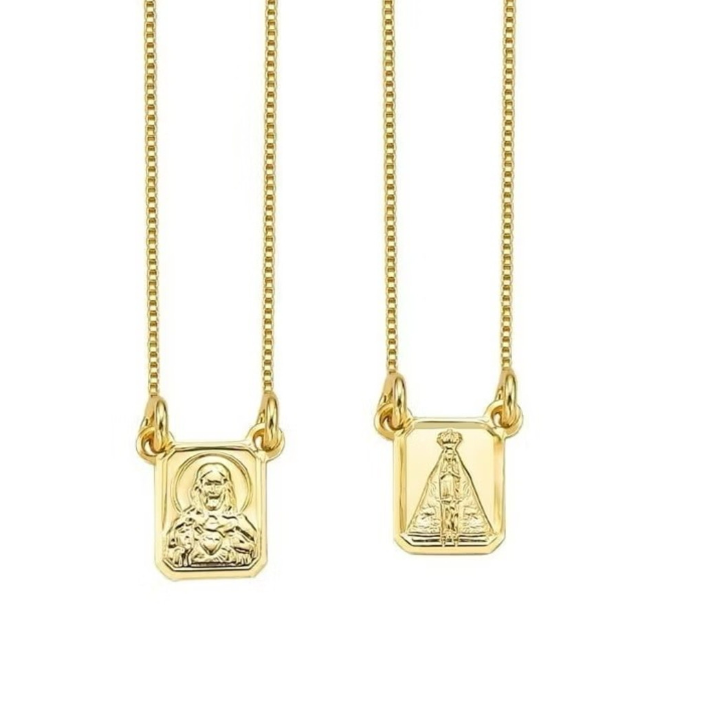 Escapulário Nossa Senhora Aparecida e Sagrado Coração de Jesus folheado a ouro 18K.