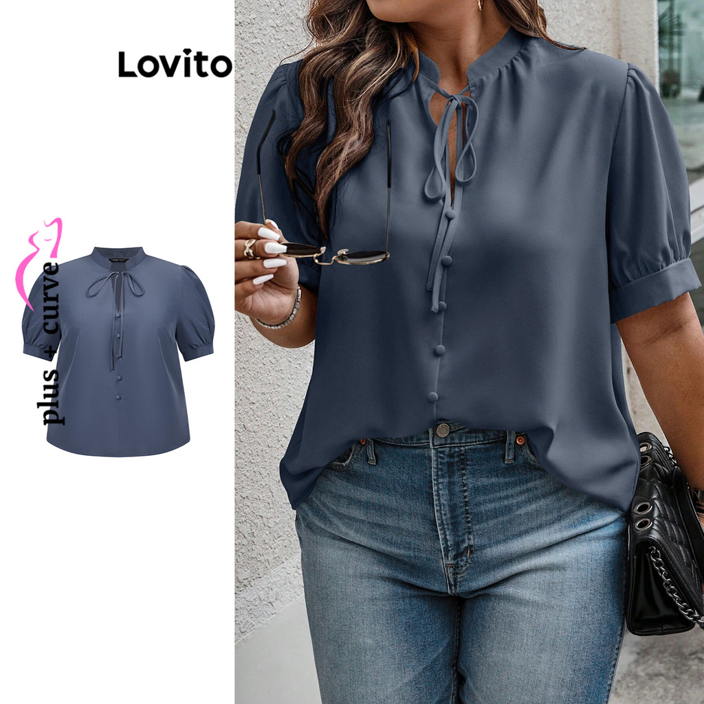 Lovito Blusa Curva Plus Size Elegante Lisa Com Cadarço E Botão Com Babados E Gola Para Mulheres LBL09414