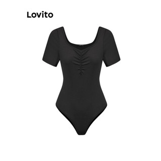 Lovito Casual Body Feminino Liso Franzido Estilo Romântico LBL05220 (Preto)