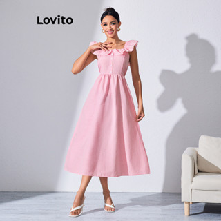 Lovito Vestido com Botões e Babados Vichy Casual para Mulheres LBL08127