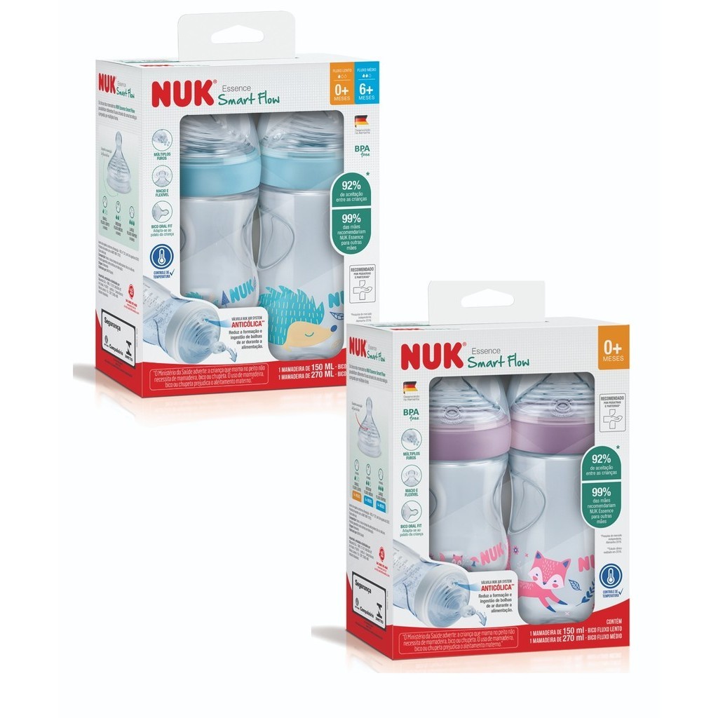 KIT MAMADEIRA NUK ESSENCE SMART FLOW COM 2UN 150/270ML BICO SILICONE ANTICÓLICA ANTIVAZAMENTO