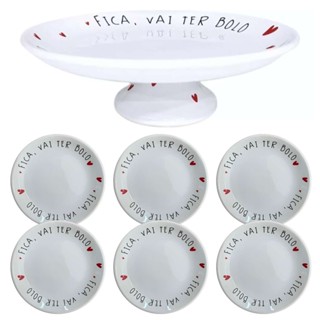 Boleira Com Pé E 6 Pratos De Sobremesa Fica Vai Ter Bolo 29cm em Oferta na Shopee