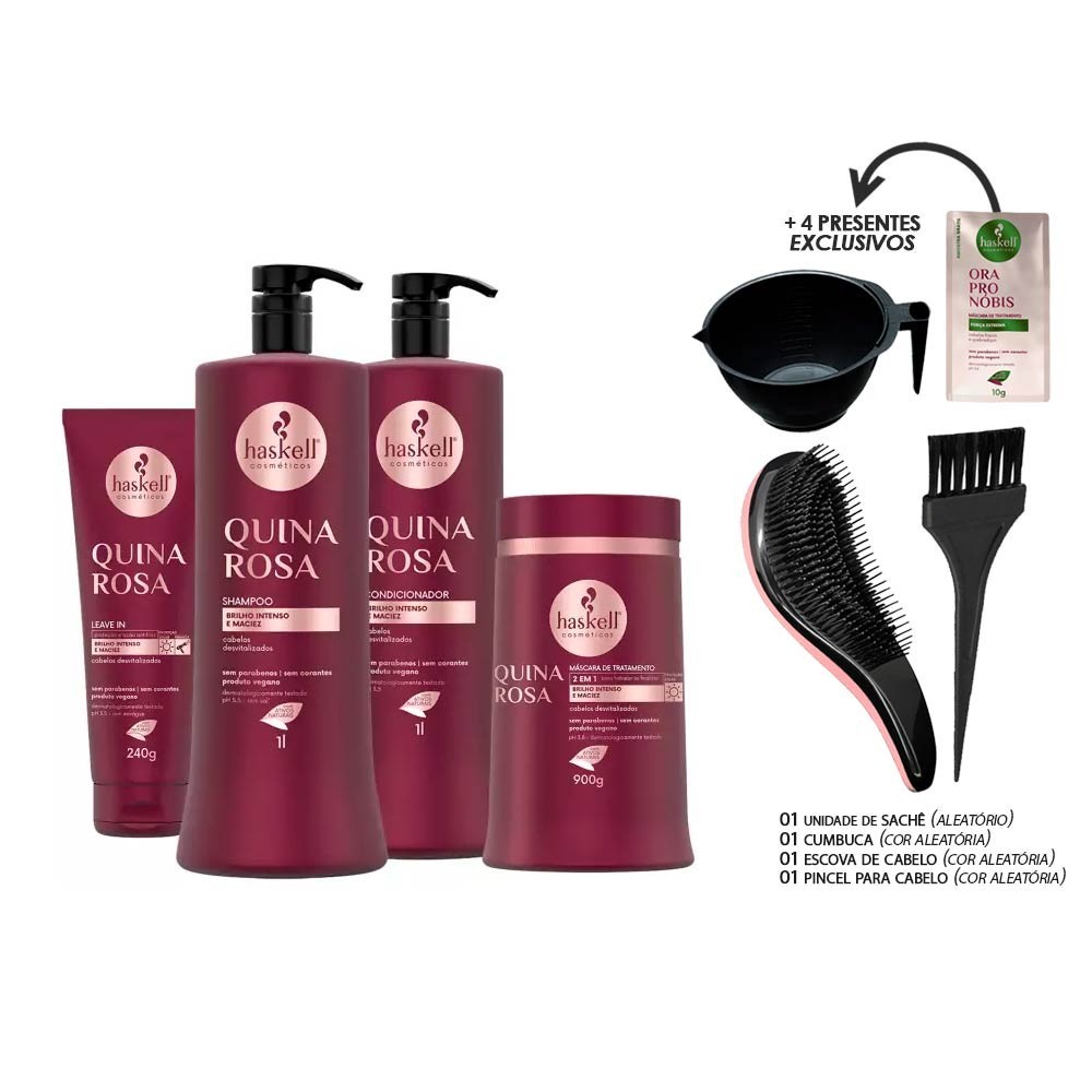 Kit Haskell Quina Rosa 1L Shp Cond Másc Leave +Kit cumbuca