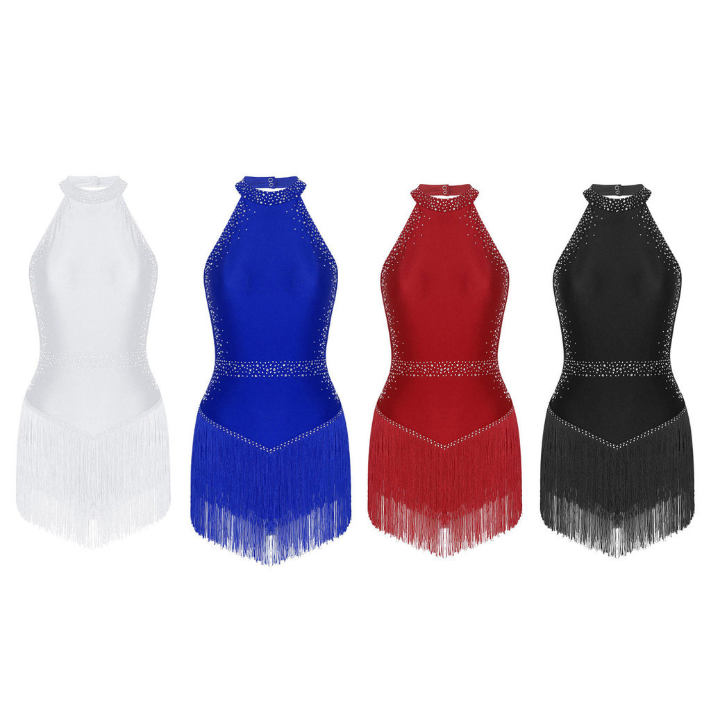 Strass Borla Collant Halter Sem Mangas Costas Franja Bodysuit Salão De Baile Latino Tango Salsa Dança Traje em Oferta na Shopee