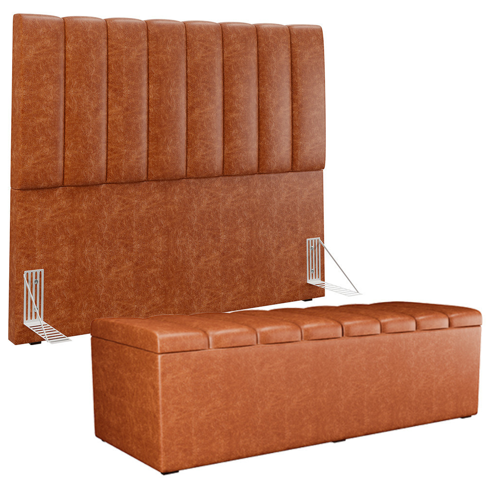 Kit Cabeceira Cama Box Casal 140cm e Calçadeira Recamier Baú Dália W01 Couríssimo Camel - Lyam Decor - Home & Living