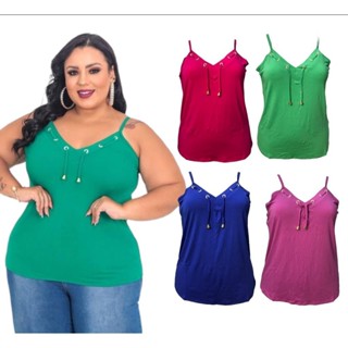 Regata alça fina detalhe de cadarco e ilhoes no decote v GG plus size.
