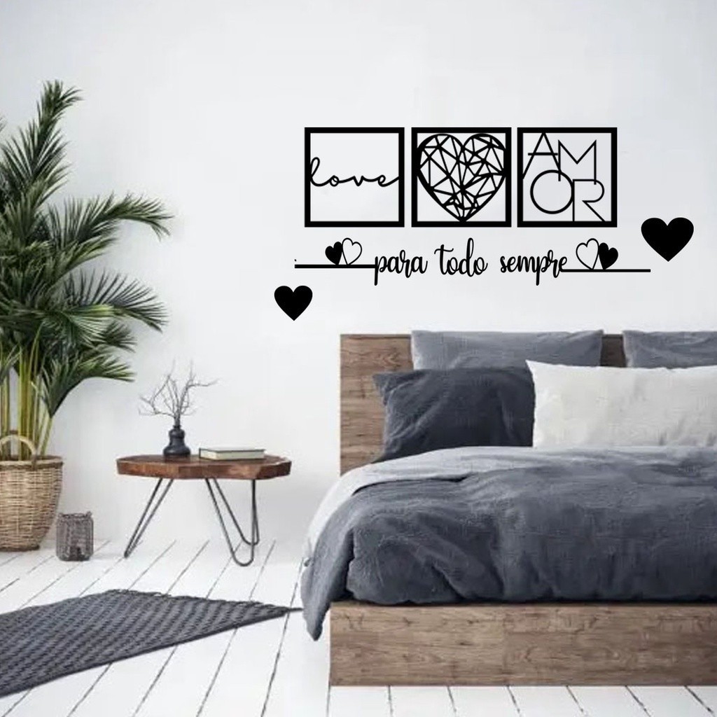 Kit 3 Quadros Love Coração Geométrico Amor + Frase Para Todo Sempre Dois Corações + 2 Mini aplique coração Mdf Decorativo