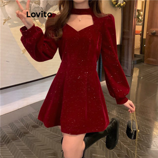 Lovito Vestido Feminino Elegante De Veludo Com Corte Liso E Manga Comprida Evasê LNA43052