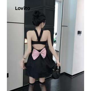 Lovito Vestido casual liso Padrão com laço para mulheres LNA53266