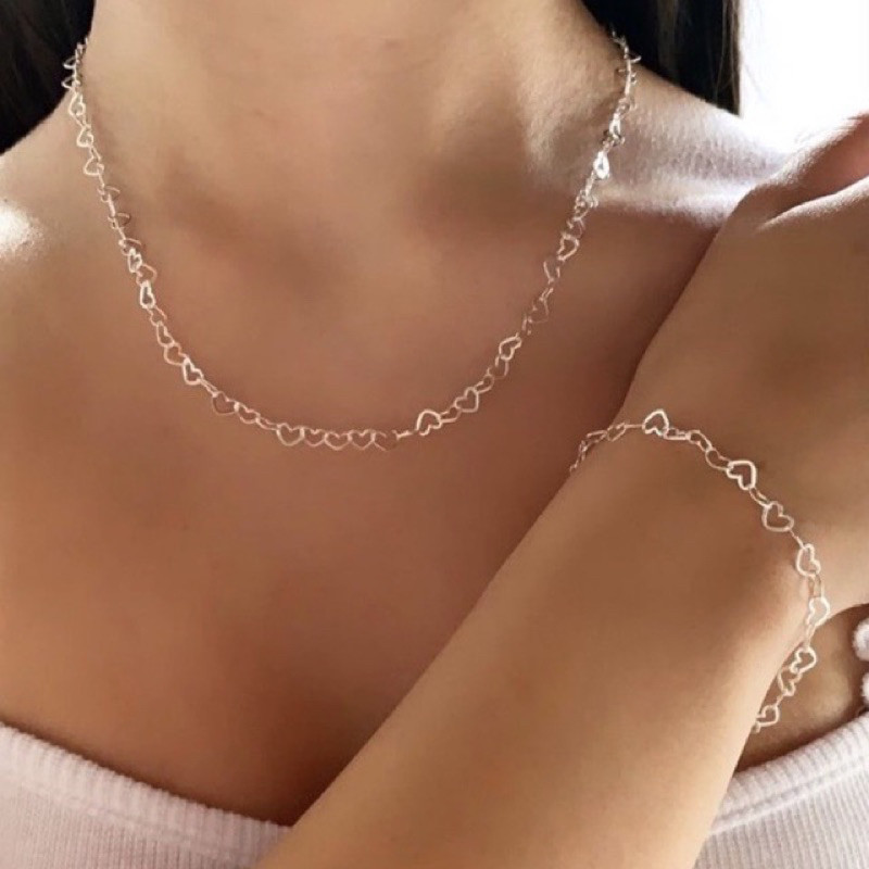 Conjunto Colar E Pulseira De Prata 925a ouro 18k Corrente Feminina Coração
