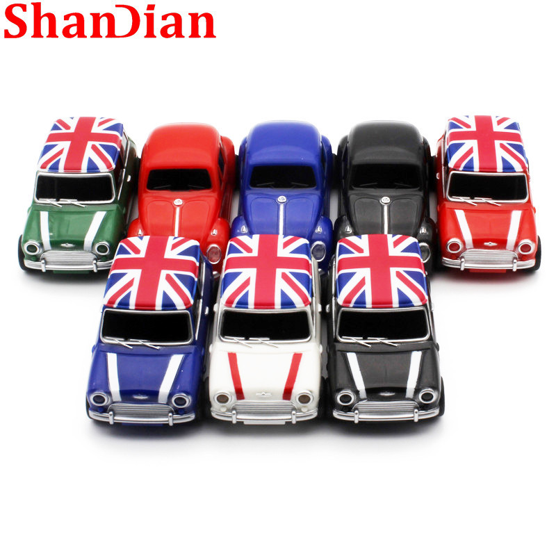 SHANDIAN Carro Modelo USB Flash Drive 128GB Pen De Alta Velocidade 64GB Beautiful Pendrive 32GB Para Carocha Flashdrive 16GB The Union Jack Thumbdrive 8GB Memória De Presente Comercial Stick