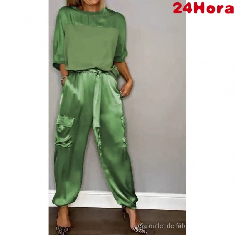 Conjunto feminino liso cetim liso manga três quartos camisa calça reta