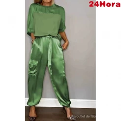 Conjunto feminino liso cetim liso manga três quartos camisa calça reta