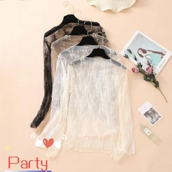 Roupas Femininas De Festa , Camisa De Renda De Manga Comprida Com Perspectiva Oca , Top De Malha Transparente Gola Meia