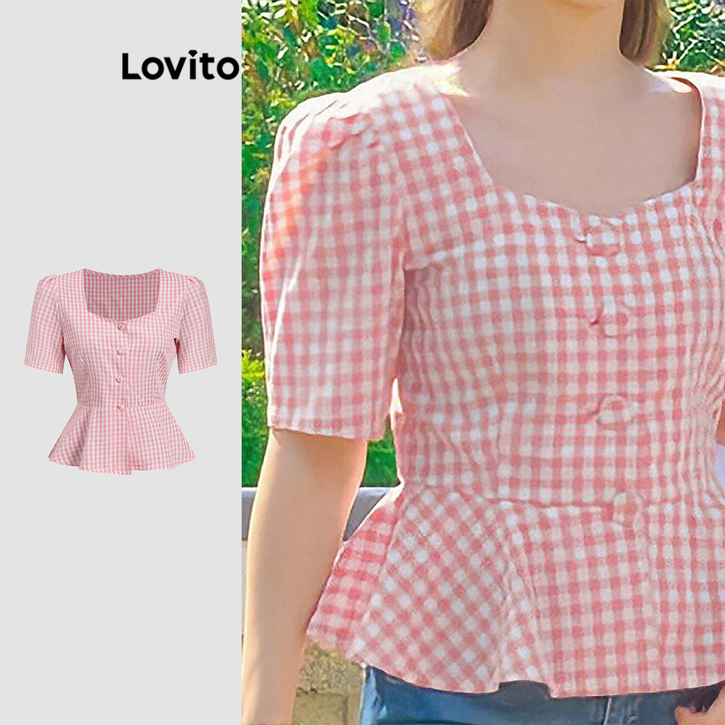 Lovito Blusa Fofa Com Estampa Xadrez Para Mulheres L120ED429 - Women Clothes