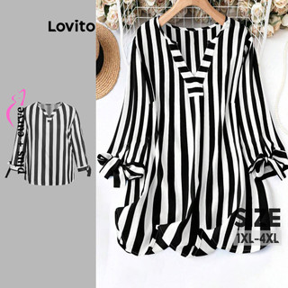 Lovito Blusa feminina listrada Casual Plus Size curva com cadarço  LBL19053 em Oferta na Shopee