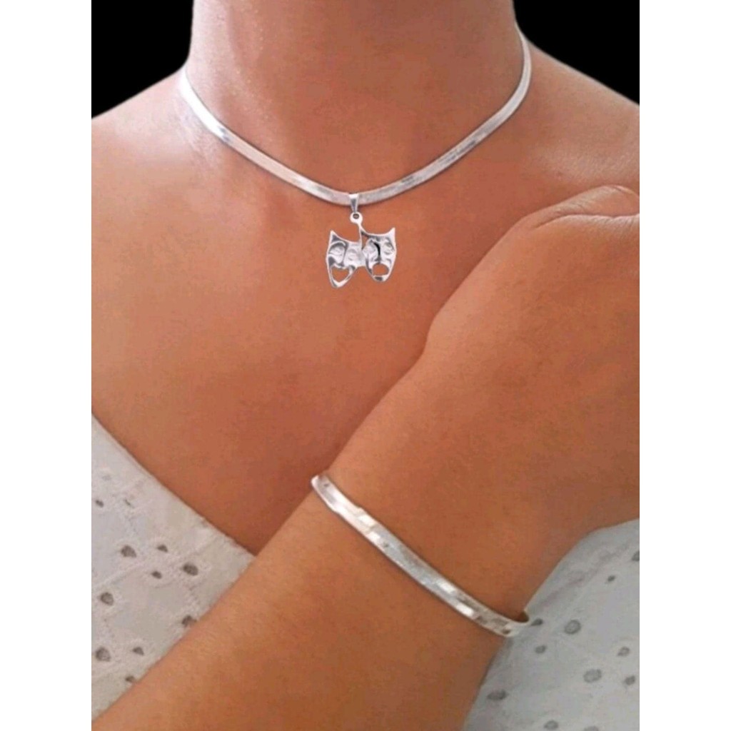 Kit Colar Laminado c/ Pulseira  Feminino + Pingente Chora Agora Rir Depois Banhado a Prata 925 11 rn RN05