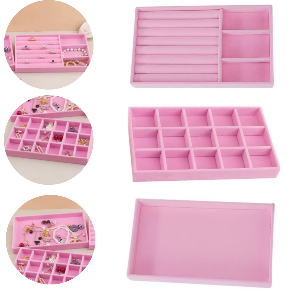 Kit 3 Bandeja Porta Joias Veludo Organizadora Bijuteria Rosa