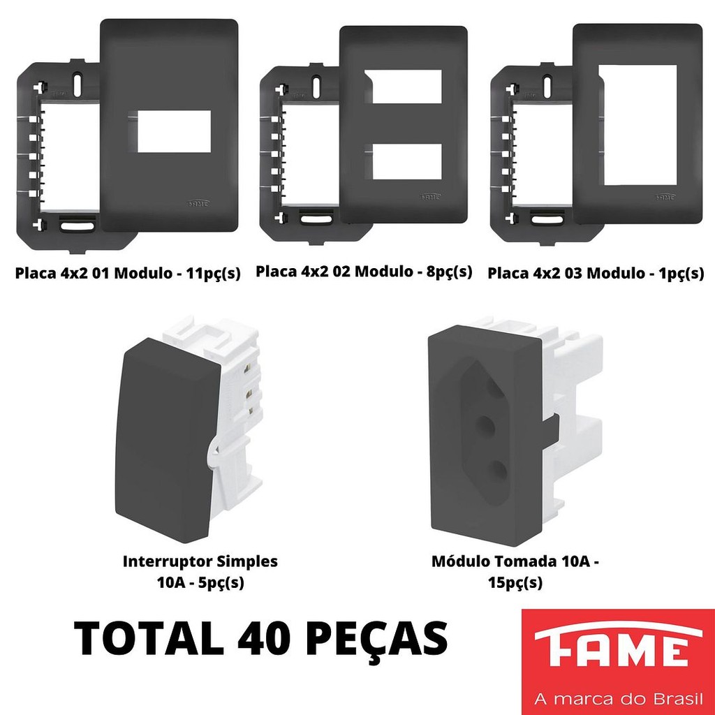 40un Modulos Tomada Interruptor Com Placa 4x2 Habitat Black Preto FAME K32