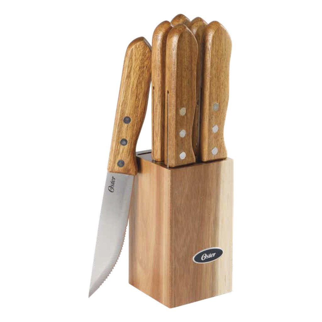 Conjunto De Facas Oster Para Churrasco Aço Inox 7 Peças Cepo Madeira Hersden