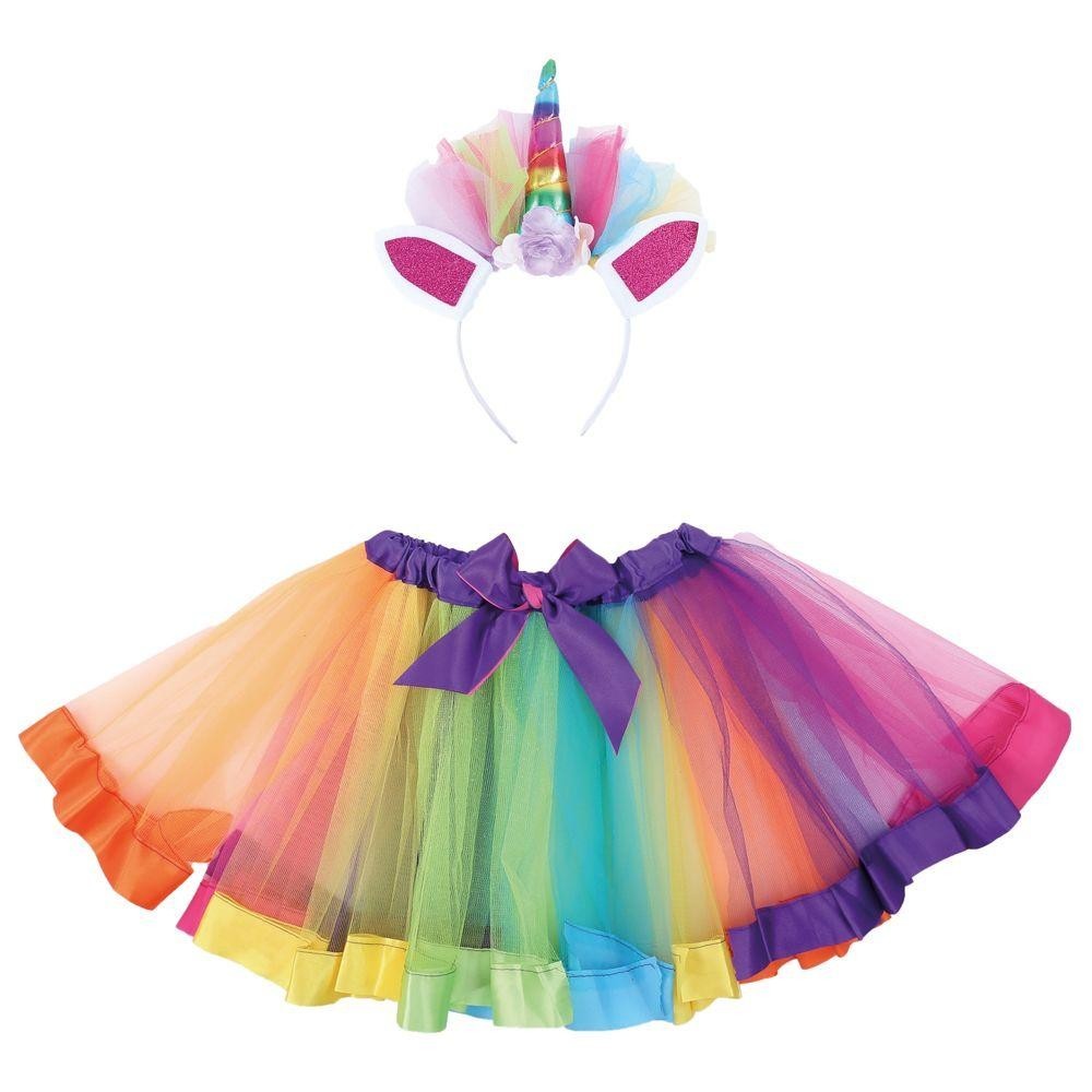 Fantasia Ifantil de Unicornio com Saia de Tule Tiara com Chifre Colorida 2 Peças Carnaval
